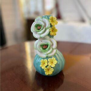Anthropologie light blue vase with 3D yellow flowers